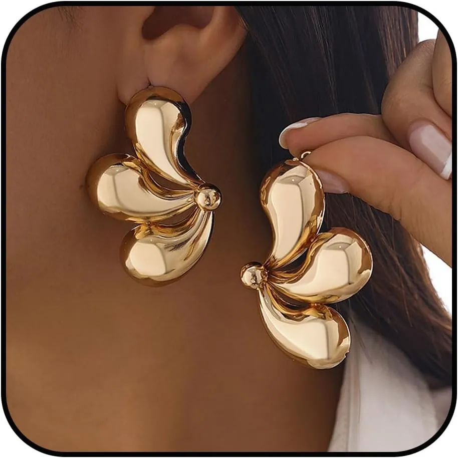 Statement Earrings for Women Chunky Gold Earrings Large Flower Floral Dangle Earrings Hypoallergenic Unique Thick Teardrop Drop Earrings Big Irregular Geometric Earrings Trendy Exaggerated Jewelry Gift