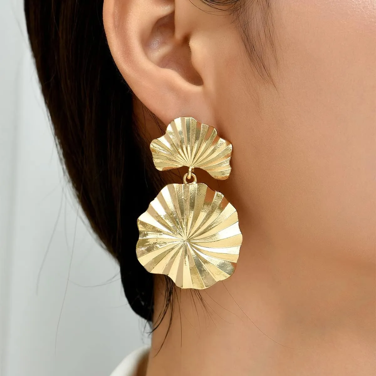 Statement Gold Flower Earrings - Large Metal Floral Drop Earrings - Hypoallergenic Stylish Statement Jewelry for Women