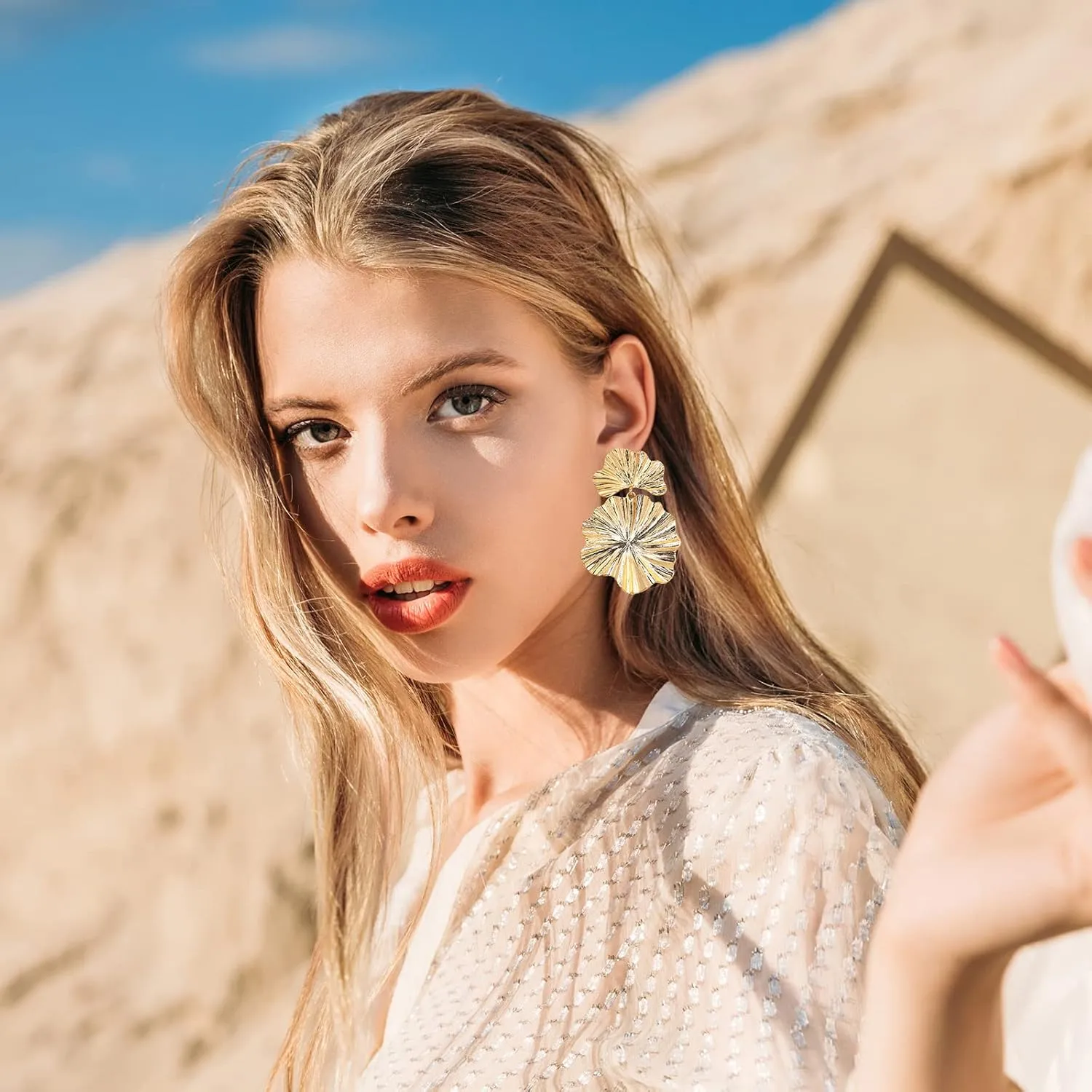 Statement Gold Flower Earrings - Large Metal Floral Drop Earrings - Hypoallergenic Stylish Statement Jewelry for Women