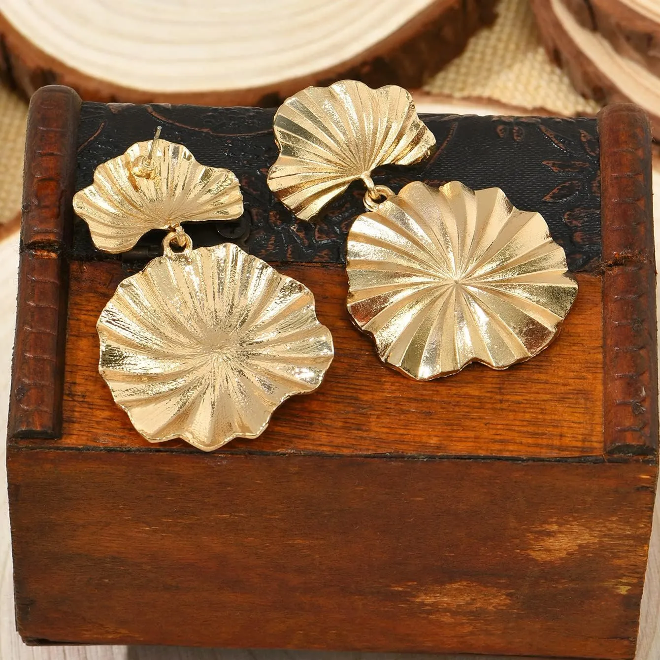 Statement Gold Flower Earrings - Large Metal Floral Drop Earrings - Hypoallergenic Stylish Statement Jewelry for Women