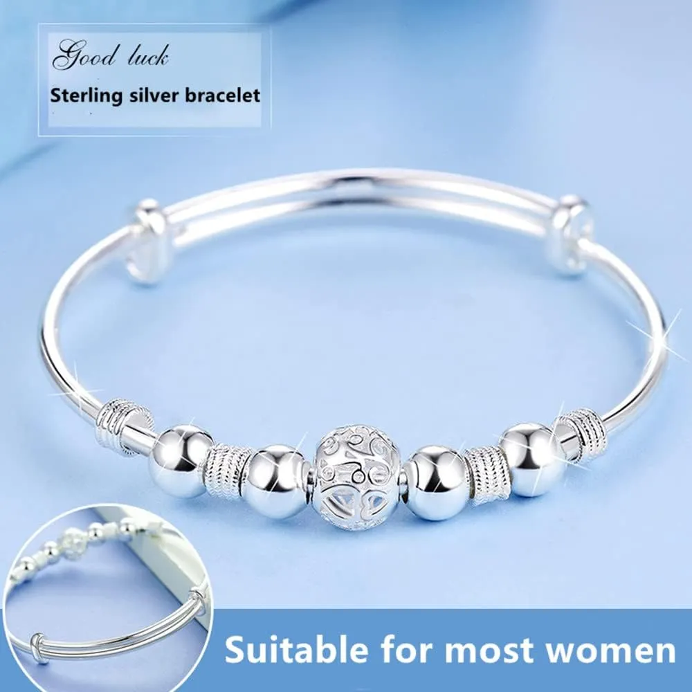 Sterling Silver Bracelets For Women 925 Sterling Silver Beads Bangle Bracelet Transfer Lucky Cuff Bracelet Adjustable Fashion Women Jewelry