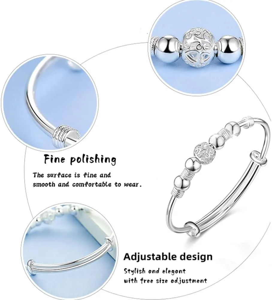 Sterling Silver Bracelets For Women 925 Sterling Silver Beads Bangle Bracelet Transfer Lucky Cuff Bracelet Adjustable Fashion Women Jewelry