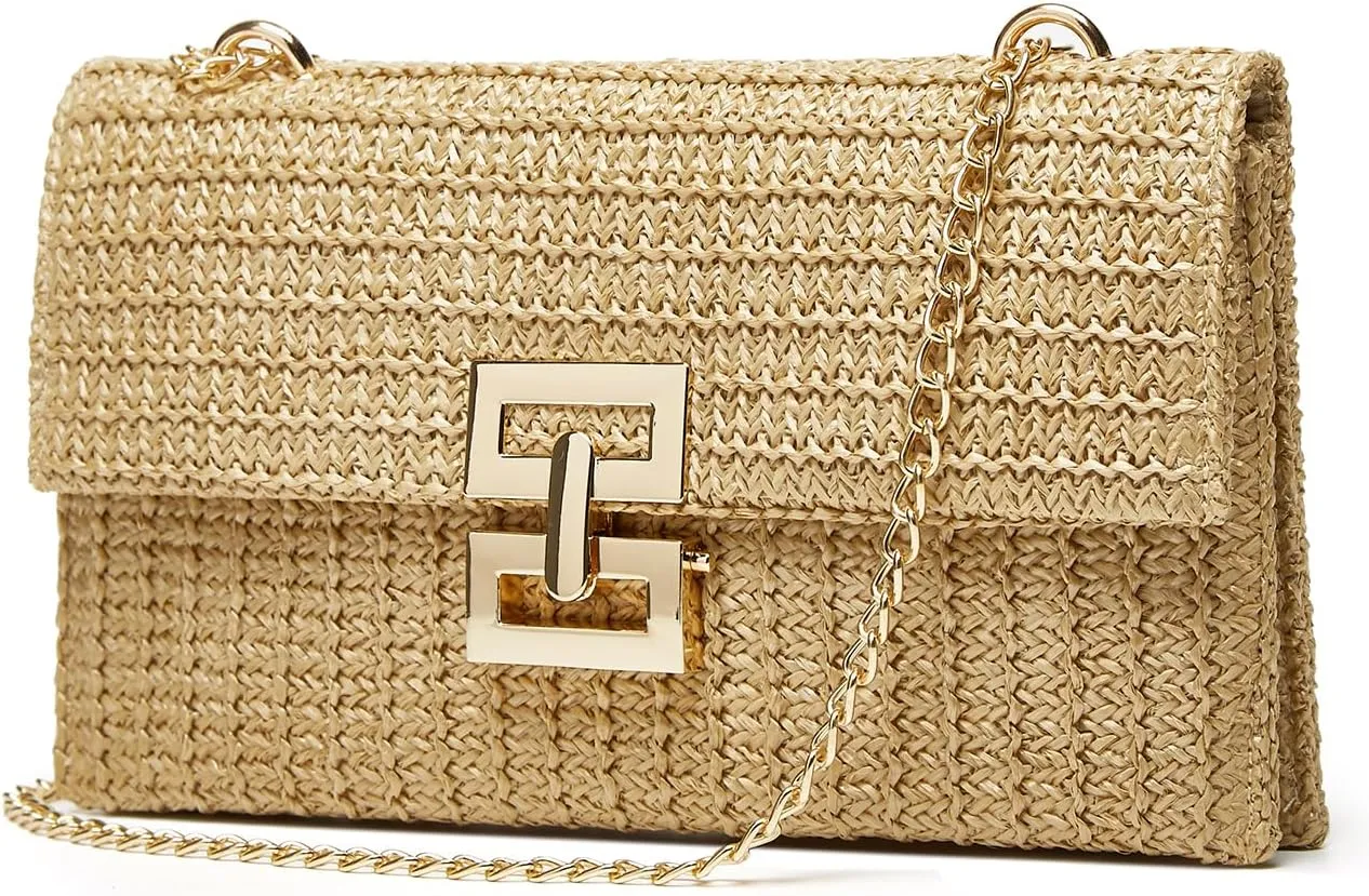 Straw Clutch Purses for Women Vintage Summer Straw Beach Bag Woven Purse Wicker Rattan Envelope Clutch for Wedding