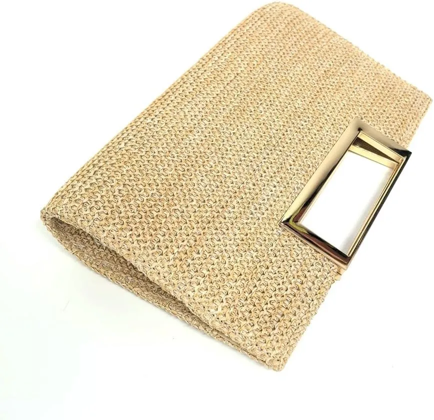 Straw Woven Clutch Purses for Women Boho Rattan Shoulder Handbag Ladies Beach Envelope Evening Bag for Summer Travel