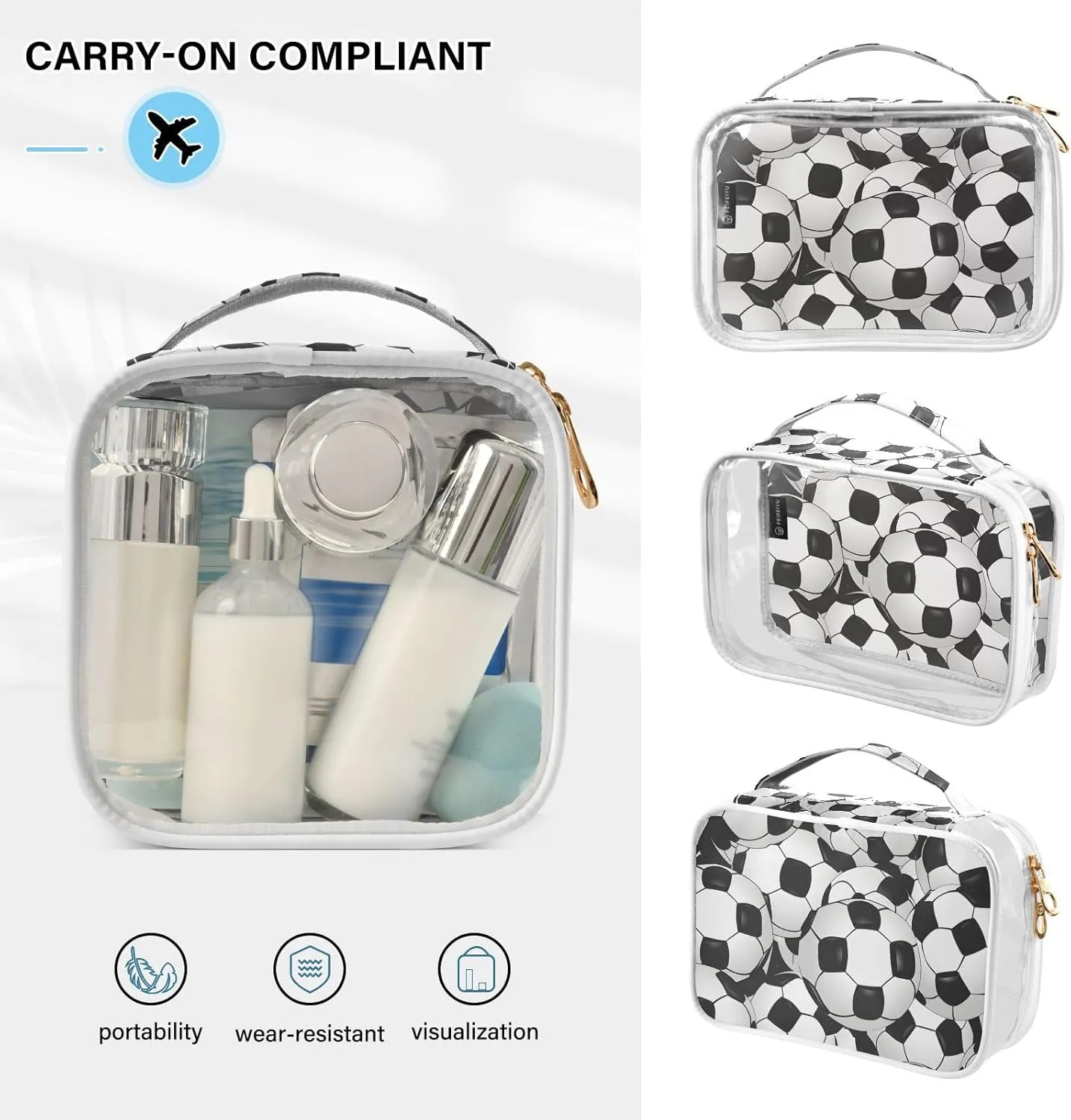SUABO Football Toiletry Bag, 2 Pack Clear Makeup Bags with Handle Large Opening, Clear Toiletry Bags Fit Carry-on Travel Essential