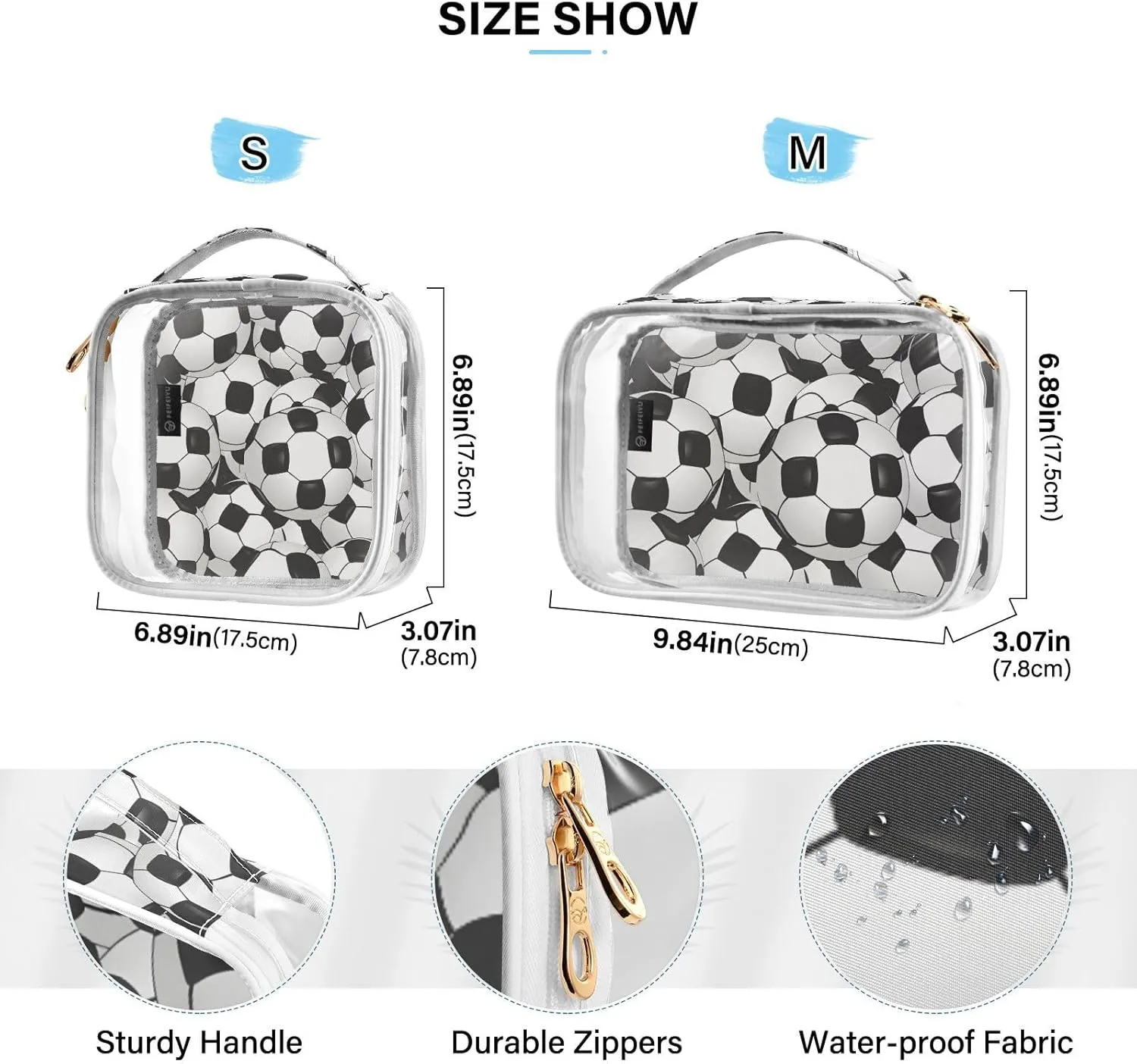 SUABO Football Toiletry Bag, 2 Pack Clear Makeup Bags with Handle Large Opening, Clear Toiletry Bags Fit Carry-on Travel Essential