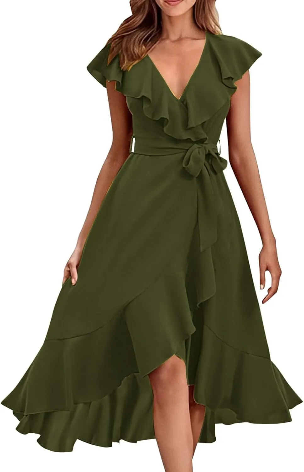 Summer Dresses for Women 2024,Casual Wrap Deep V Neck Midi Dress Boho Short Sleeve Ruffle Hem Beach Split Dresses