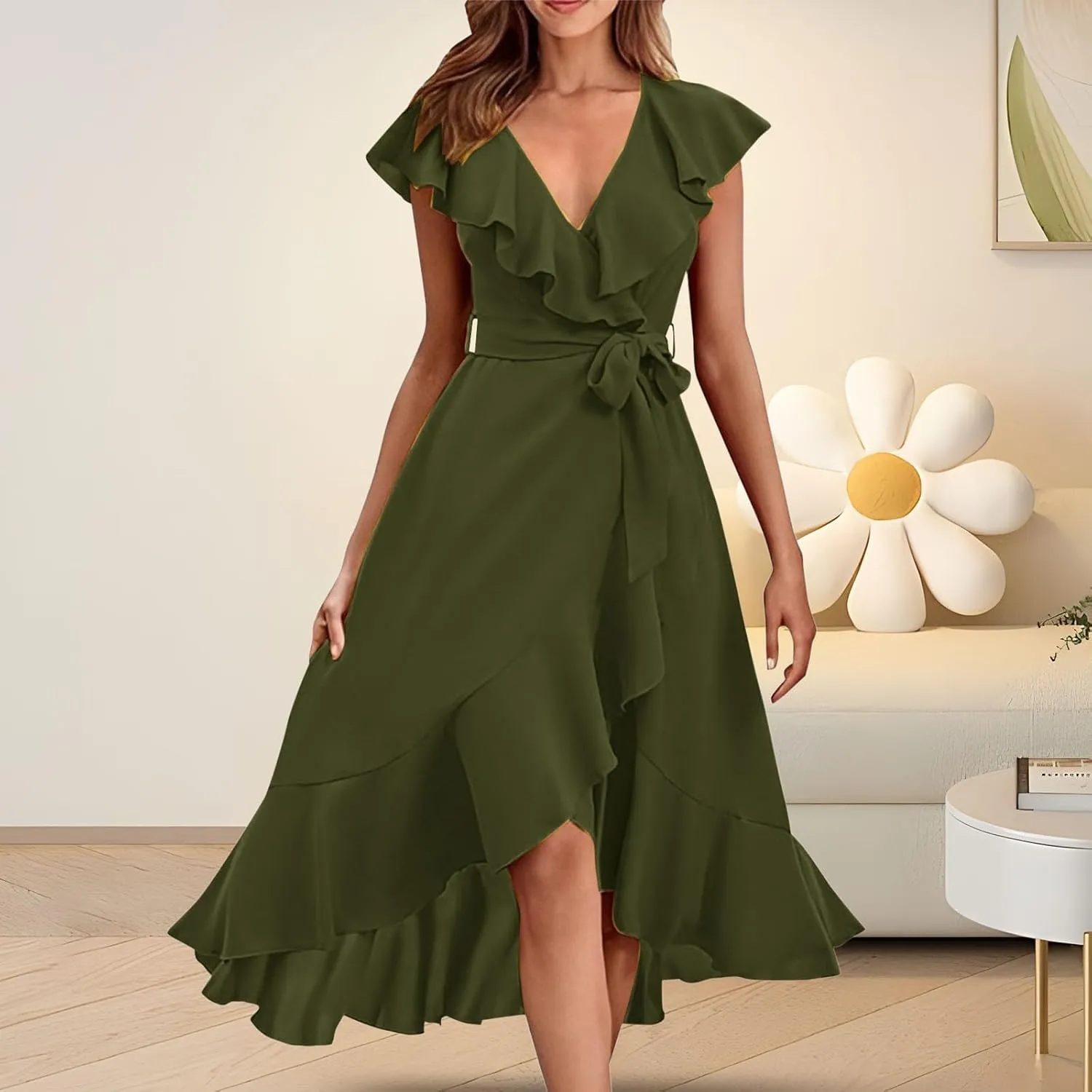 Summer Dresses for Women 2024,Casual Wrap Deep V Neck Midi Dress Boho Short Sleeve Ruffle Hem Beach Split Dresses
