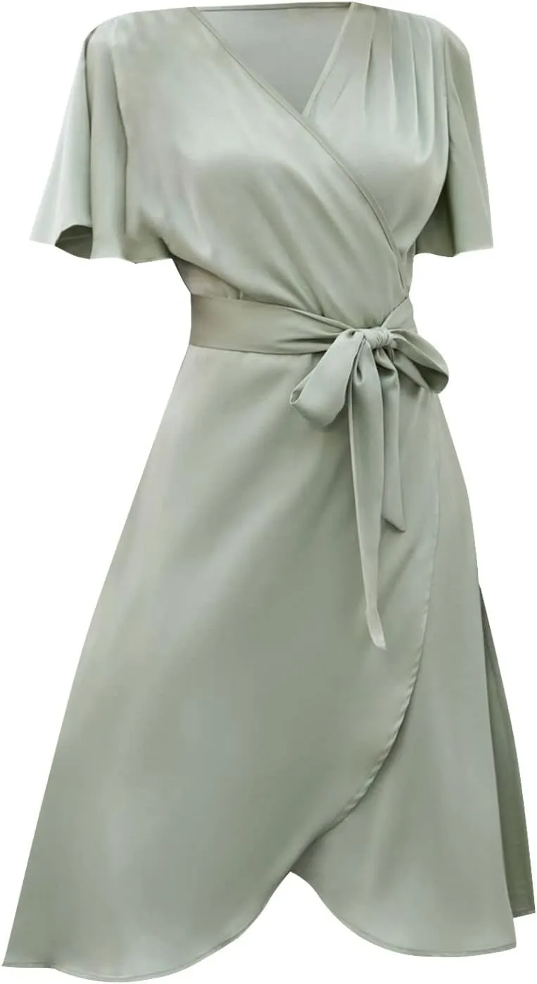 Summer Dresses for Women 2024,Casual Wrap Deep V Neck Midi Dress Boho Short Sleeve Ruffle Hem Beach Split Dresses