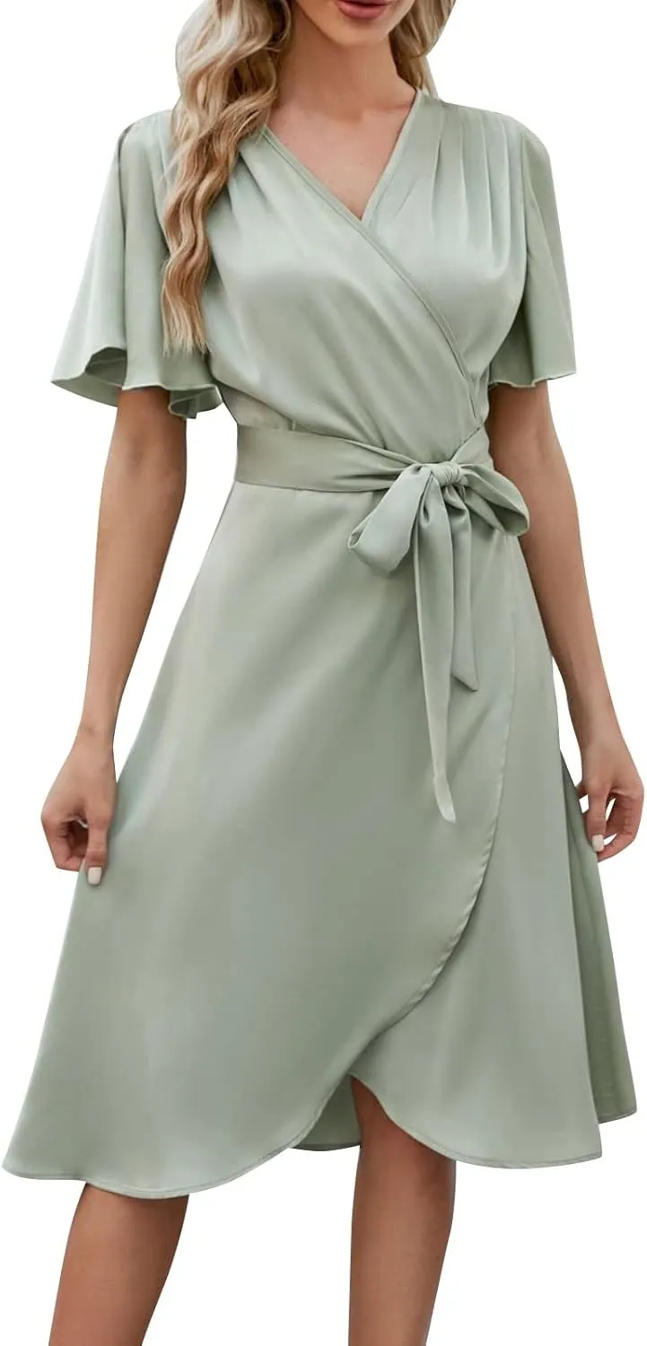 Summer Dresses for Women 2024,Casual Wrap Deep V Neck Midi Dress Boho Short Sleeve Ruffle Hem Beach Split Dresses