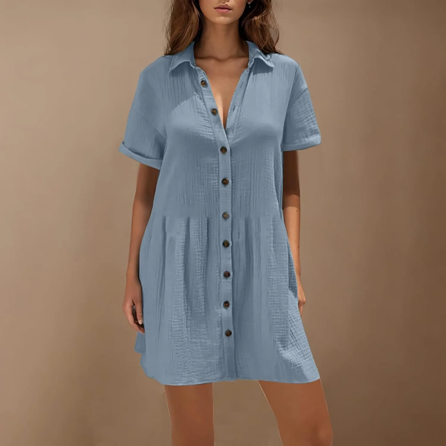 Summer Dresses for Women 2025 Trendy Linen Cotton Short Sleeve Sundressses Button Down Wedding Guest Mini Outfits