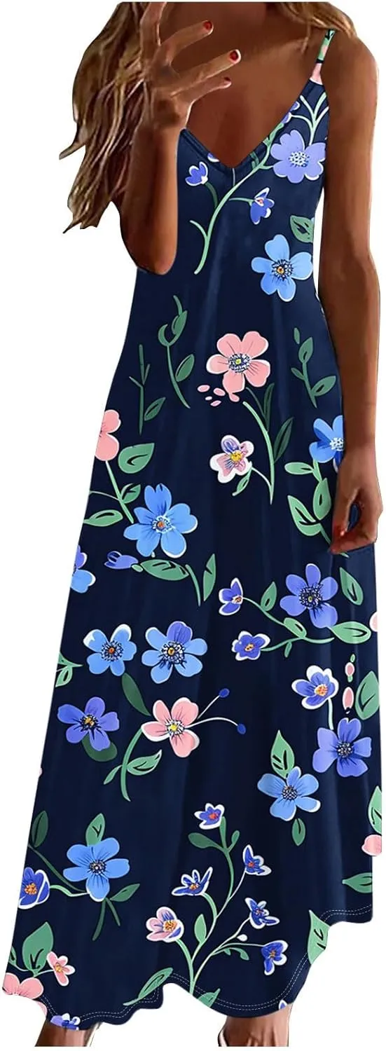 Summer Dresses for Women 2025 Vacation Floral Slip Dress Spaghetti Strap Flowers Printed Maxi Dresses Casual Sundress