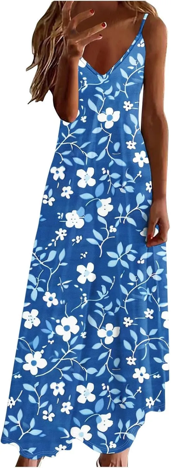 Summer Dresses for Women 2025 Vacation Floral Slip Dress Spaghetti Strap Flowers Printed Maxi Dresses Casual Sundress
