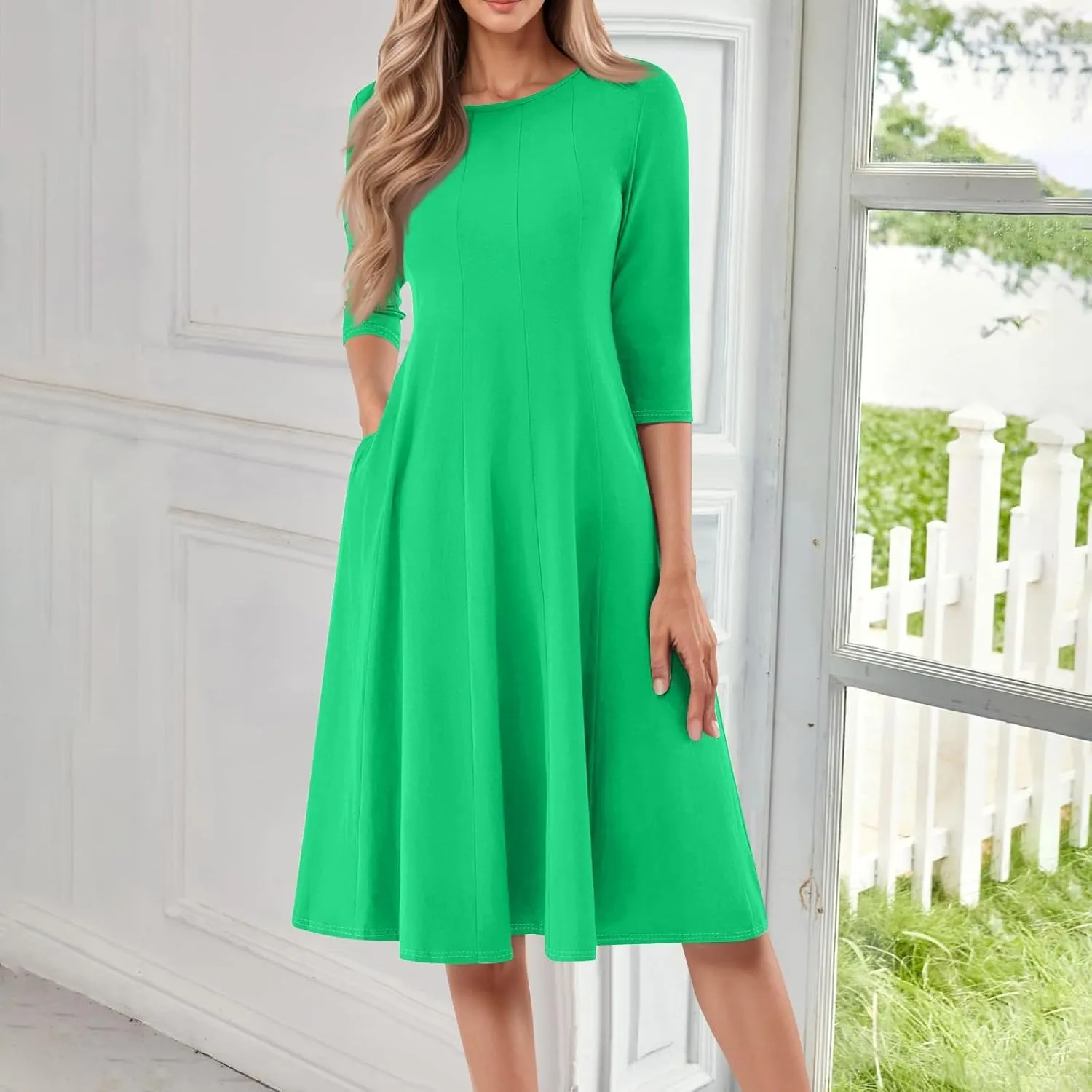 Summer Dresses for Women Crewneck 3/4 Sleeve Dress A Line Dress Spring Midi Casual Flowy with Pocket