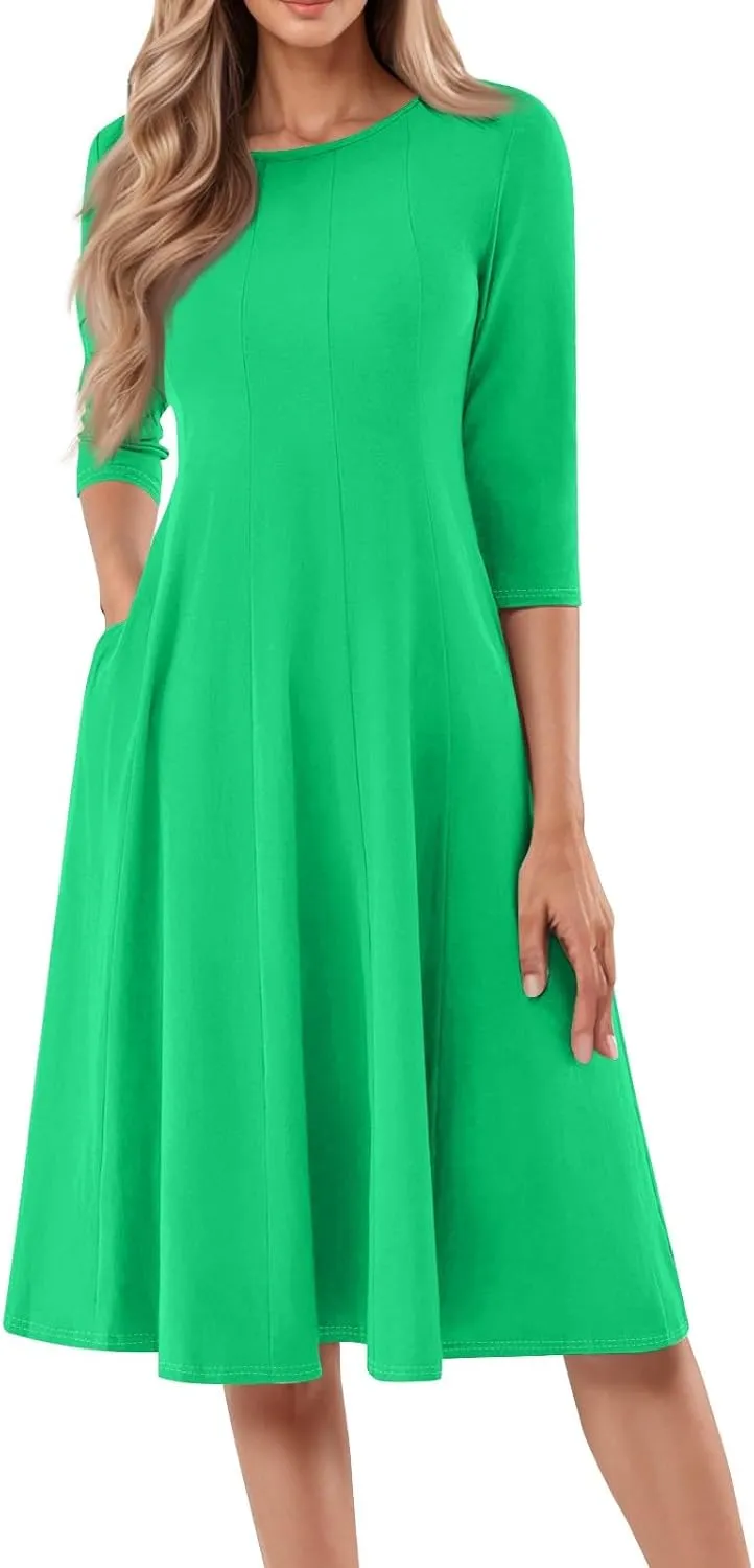 Summer Dresses for Women Crewneck 3/4 Sleeve Dress A Line Dress Spring Midi Casual Flowy with Pocket