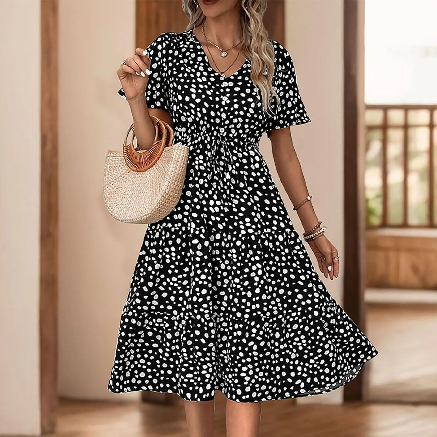 Sundresses for Women V Neck Short Sleeve High Waist Ruffle Dresses Trendy Polka Dots Midi Dresses Outfits