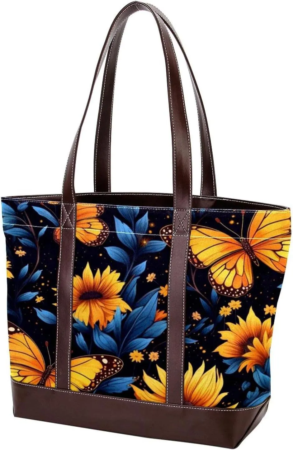 Sunflower Blue Butterfly-673 Tote Bags Durable Leather Canvas Purses and Handbags for Women Top Handle Shoulder Satchel Hobo Bags