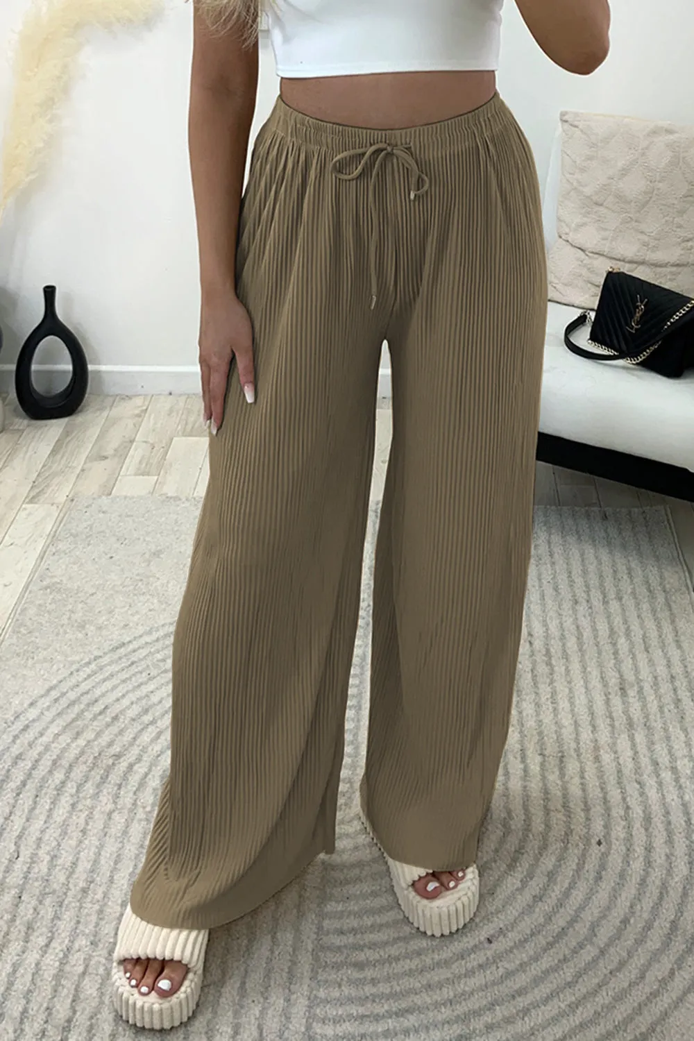 Tanya Beige Plisse High Waisted Drawstring Wide Leg Trousers