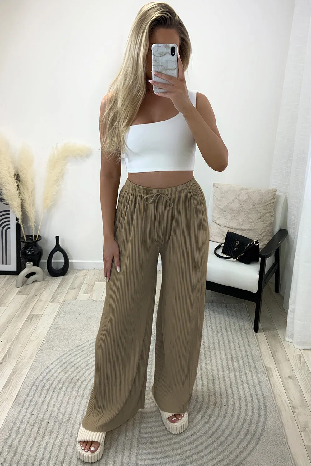 Tanya Beige Plisse High Waisted Drawstring Wide Leg Trousers