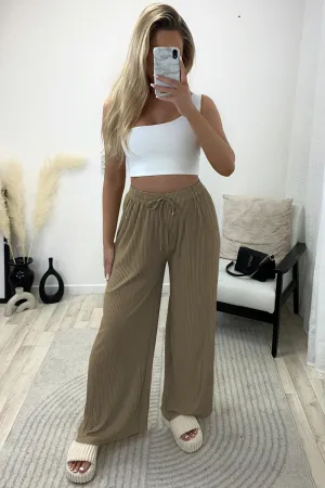 Tanya Beige Plisse High Waisted Drawstring Wide Leg Trousers