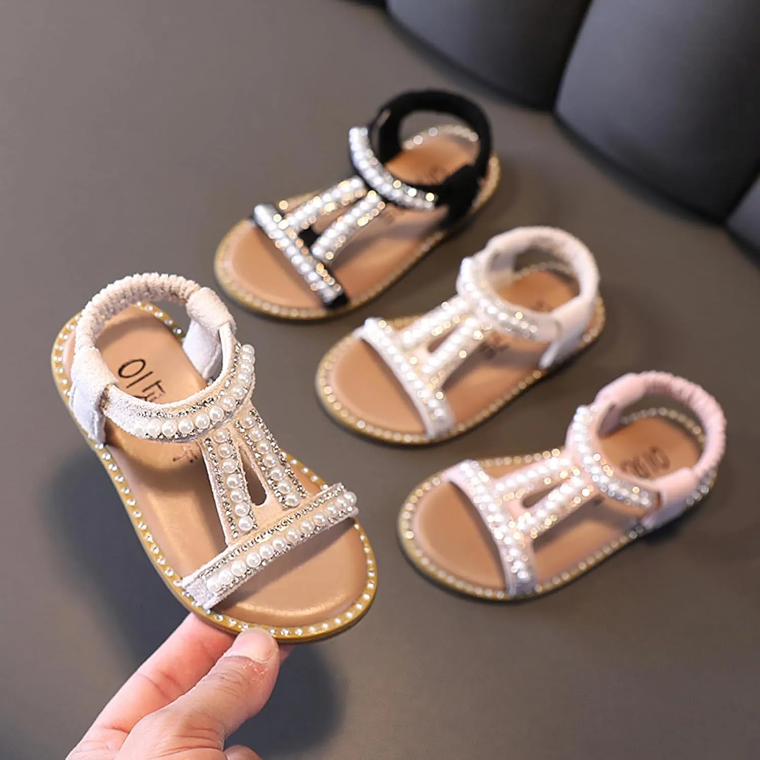Toddler Girls Rhinestone Open Toe Beach Sandal Summer Fashion Beaded Princess Flats Shoes