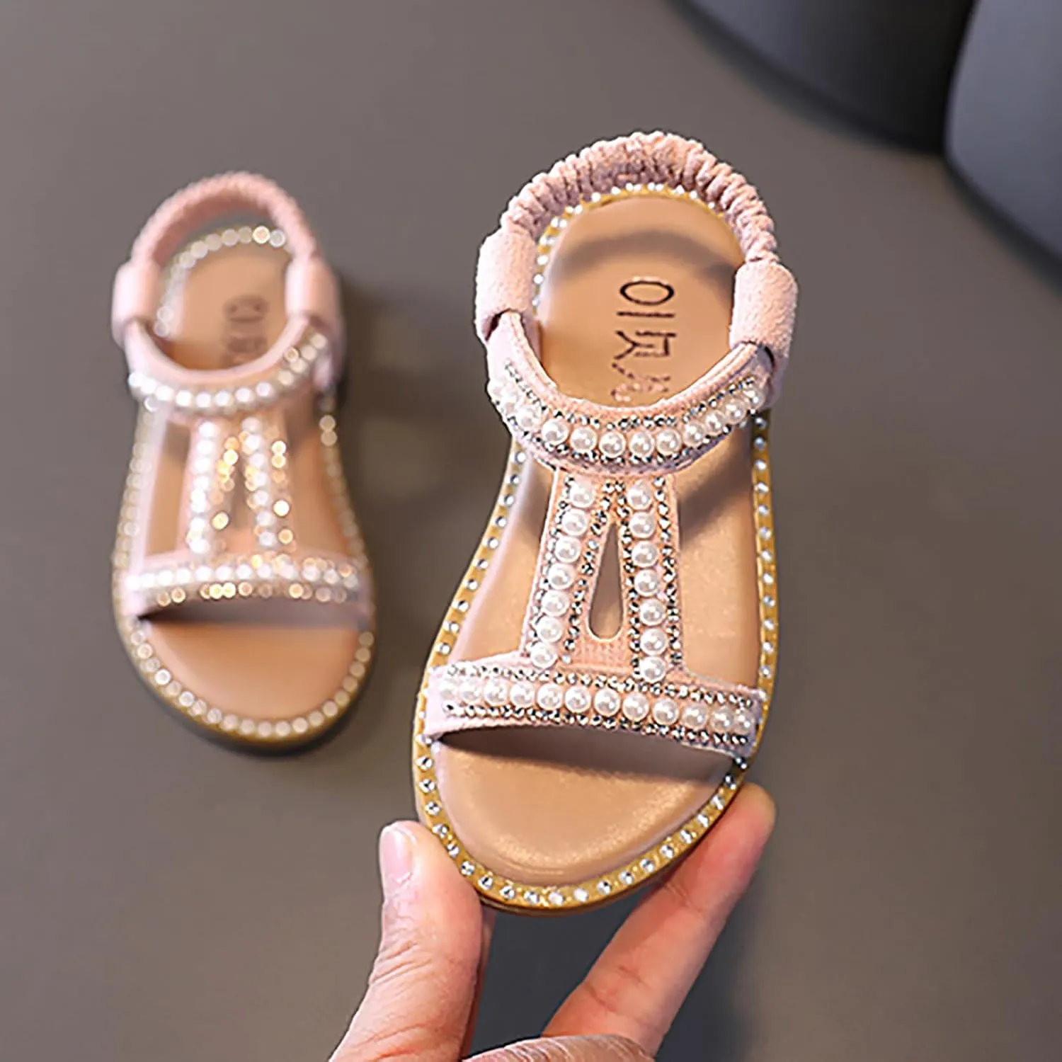 Toddler Girls Rhinestone Open Toe Beach Sandal Summer Fashion Beaded Princess Flats Shoes