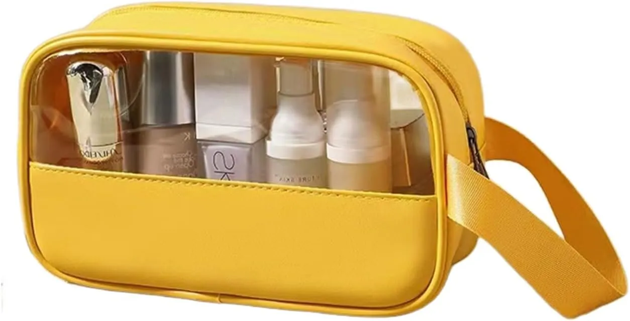 Toiletry Bag for Women Clear PVC & PU Splicing Waterproof Makeup Cosmetic Bag, TSA Approved Portable Travel Organizer for Vacation, Bathroom, Airplane - Yellow