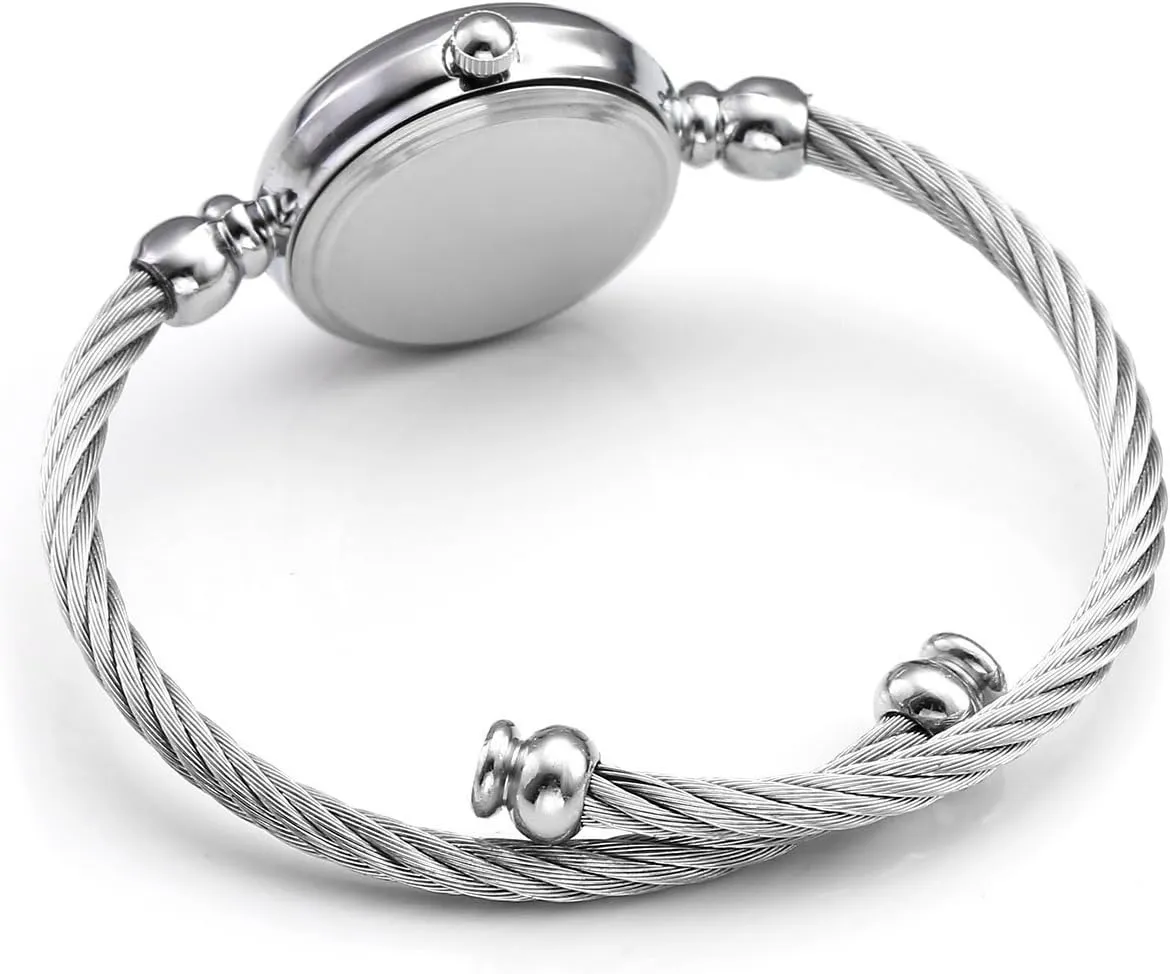 Top Plaza Womens Fashion Analog Quartz Bangle Cuff Wrist Bracelet Watch Elegant Stainless Steel Wire Band Arabic Numerals Dress Watches