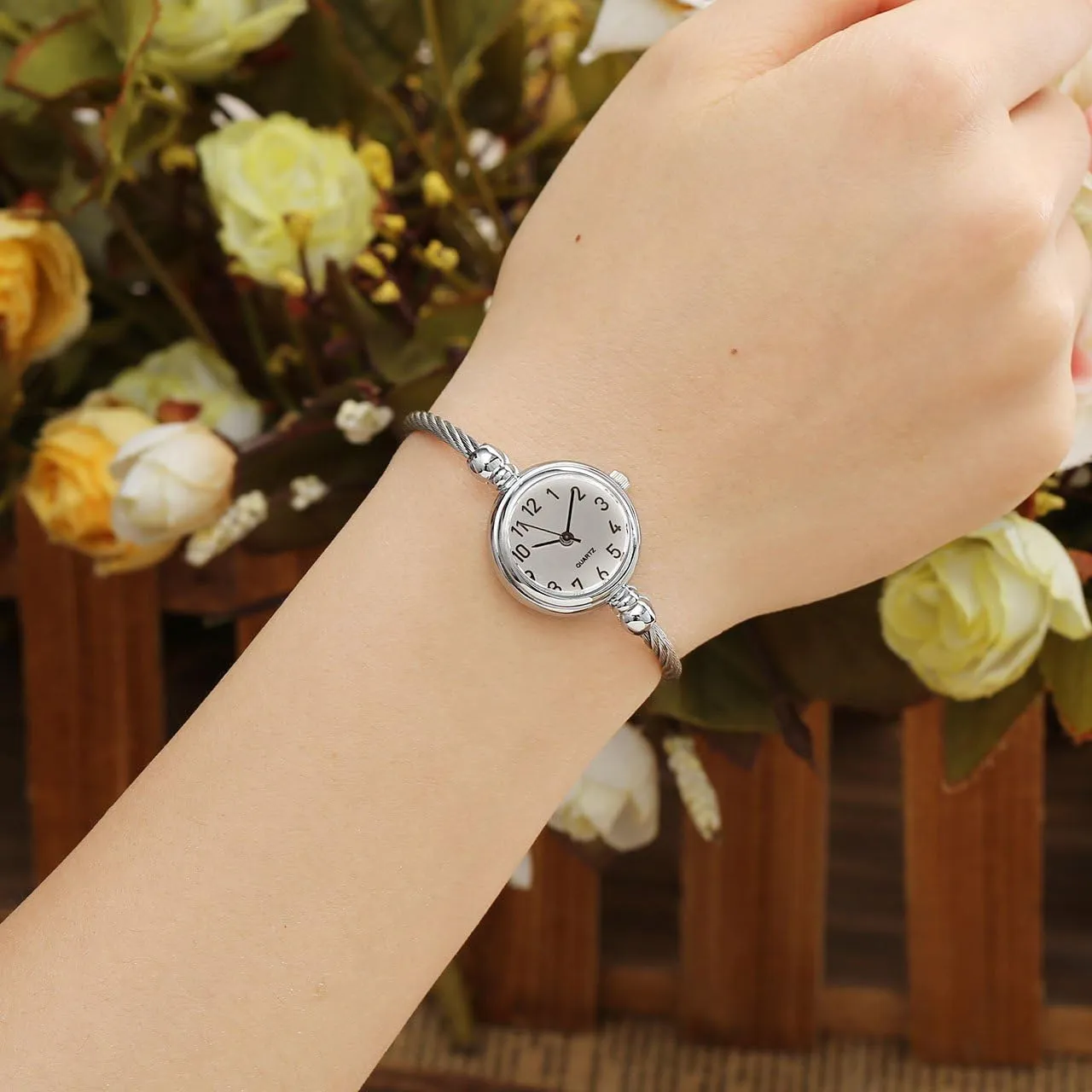 Top Plaza Womens Fashion Analog Quartz Bangle Cuff Wrist Bracelet Watch Elegant Stainless Steel Wire Band Arabic Numerals Dress Watches