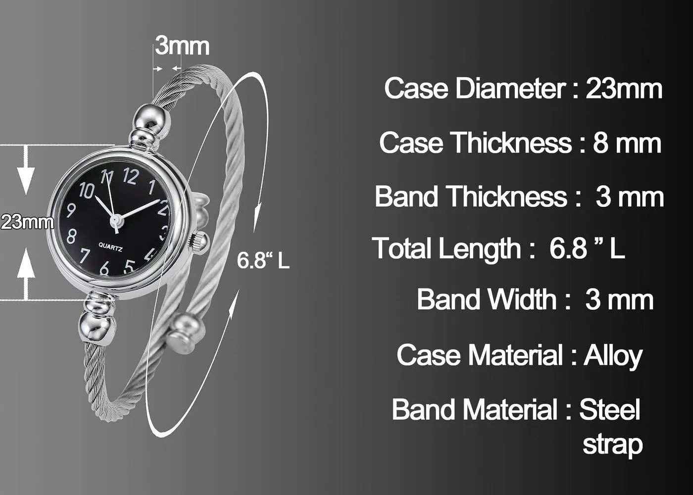 Top Plaza Womens Fashion Analog Quartz Bangle Cuff Wrist Bracelet Watch Elegant Stainless Steel Wire Band Arabic Numerals Dress Watches