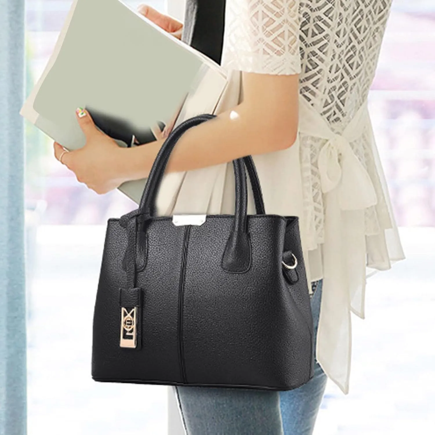Tote Top Handle Satchel Bags for Women Work Tote Bags with Strap Vintage Top-Handle Handbags Versatile Daily Bag(Black)
