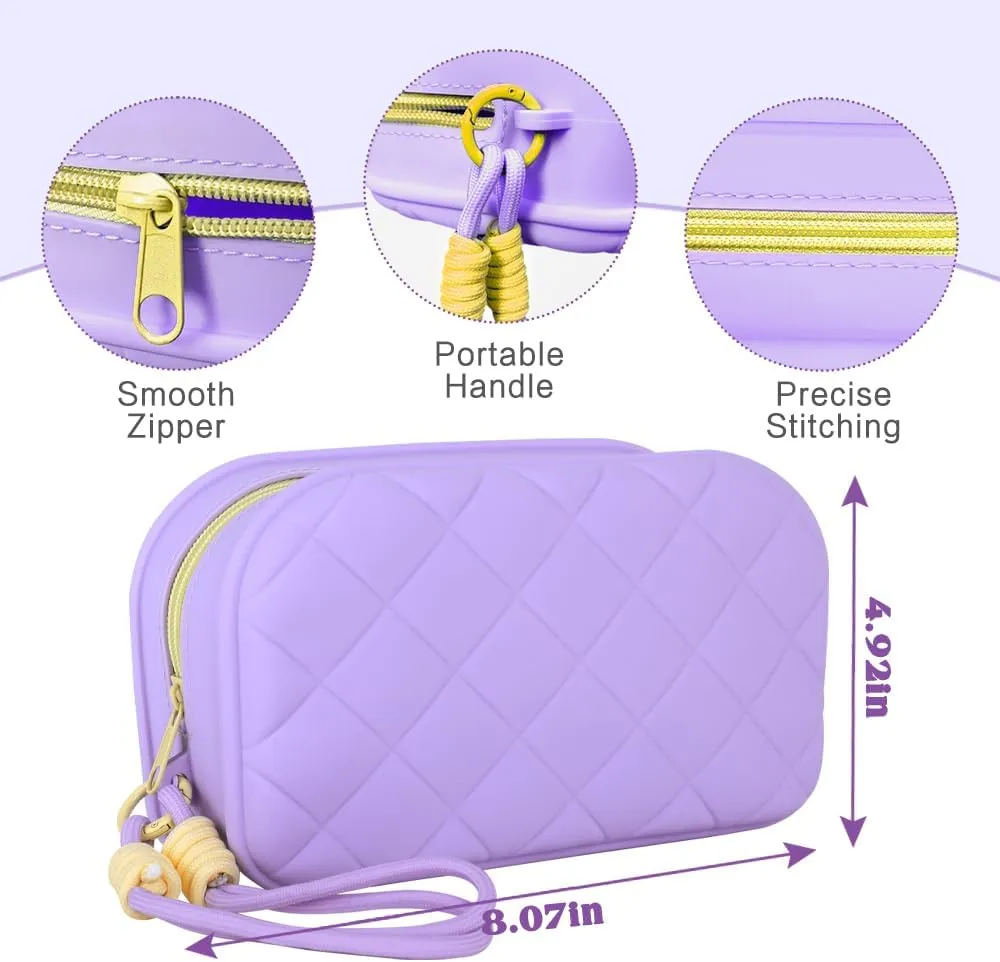 Travel Makeup Bag Waterproof Silicone Toiletry Bag for Women Men Purple Cute Cosmetic Bags Mini Zipper Makeup Pouches for Purse Pretty Gifts for Teacher Mom Sister Girlfriend