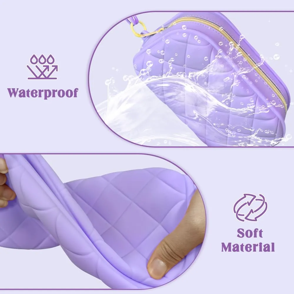 Travel Makeup Bag Waterproof Silicone Toiletry Bag for Women Men Purple Cute Cosmetic Bags Mini Zipper Makeup Pouches for Purse Pretty Gifts for Teacher Mom Sister Girlfriend
