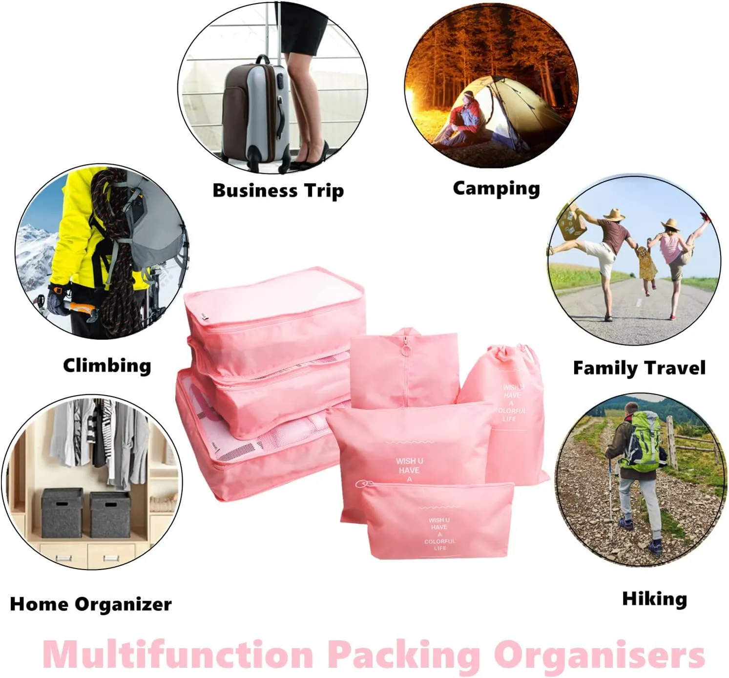 Travel Organizer Set, 7 Pcs Oxford Cloth Storage Bags with Zipper, Premium Quality Packing Cubes Compression Pouches, Laundry Bags, Shoe Bag for Luggage Suitcase Organizers (Pink)