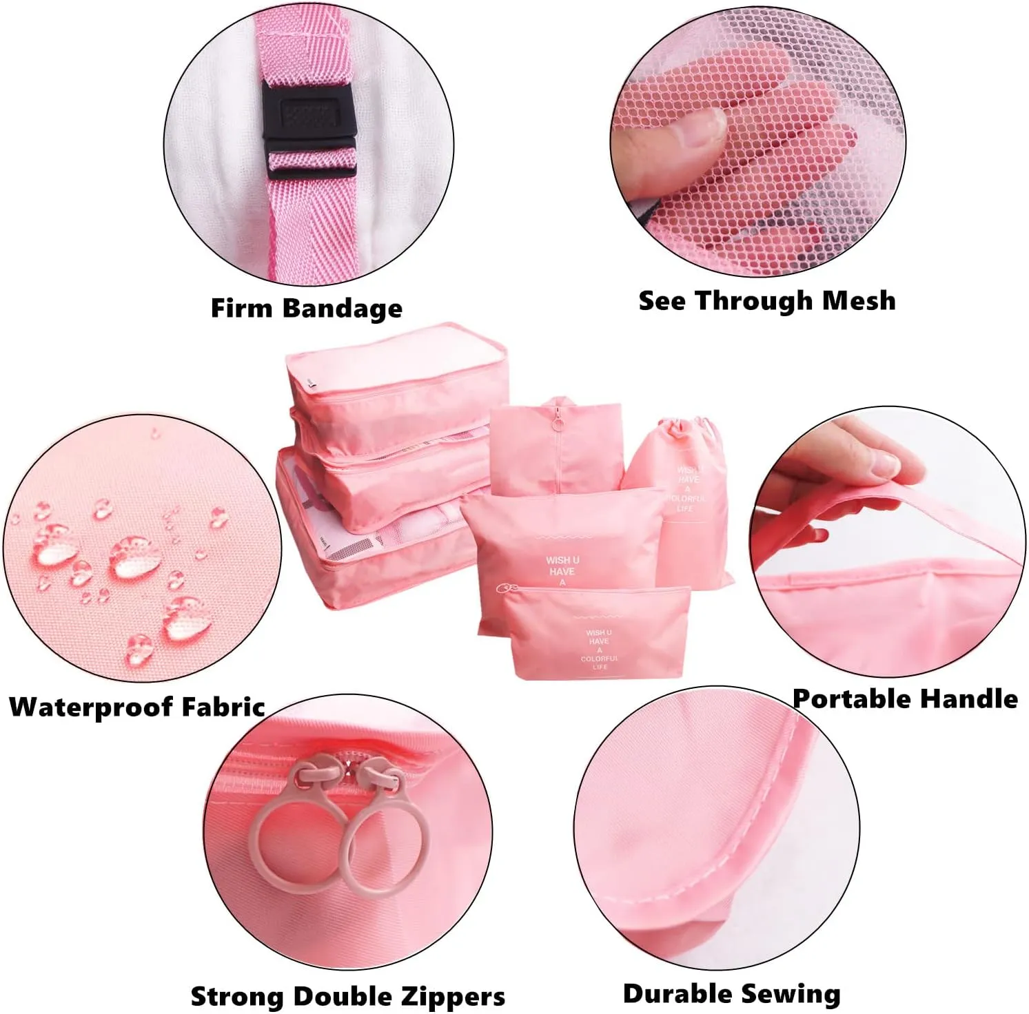 Travel Organizer Set, 7 Pcs Oxford Cloth Storage Bags with Zipper, Premium Quality Packing Cubes Compression Pouches, Laundry Bags, Shoe Bag for Luggage Suitcase Organizers (Pink)