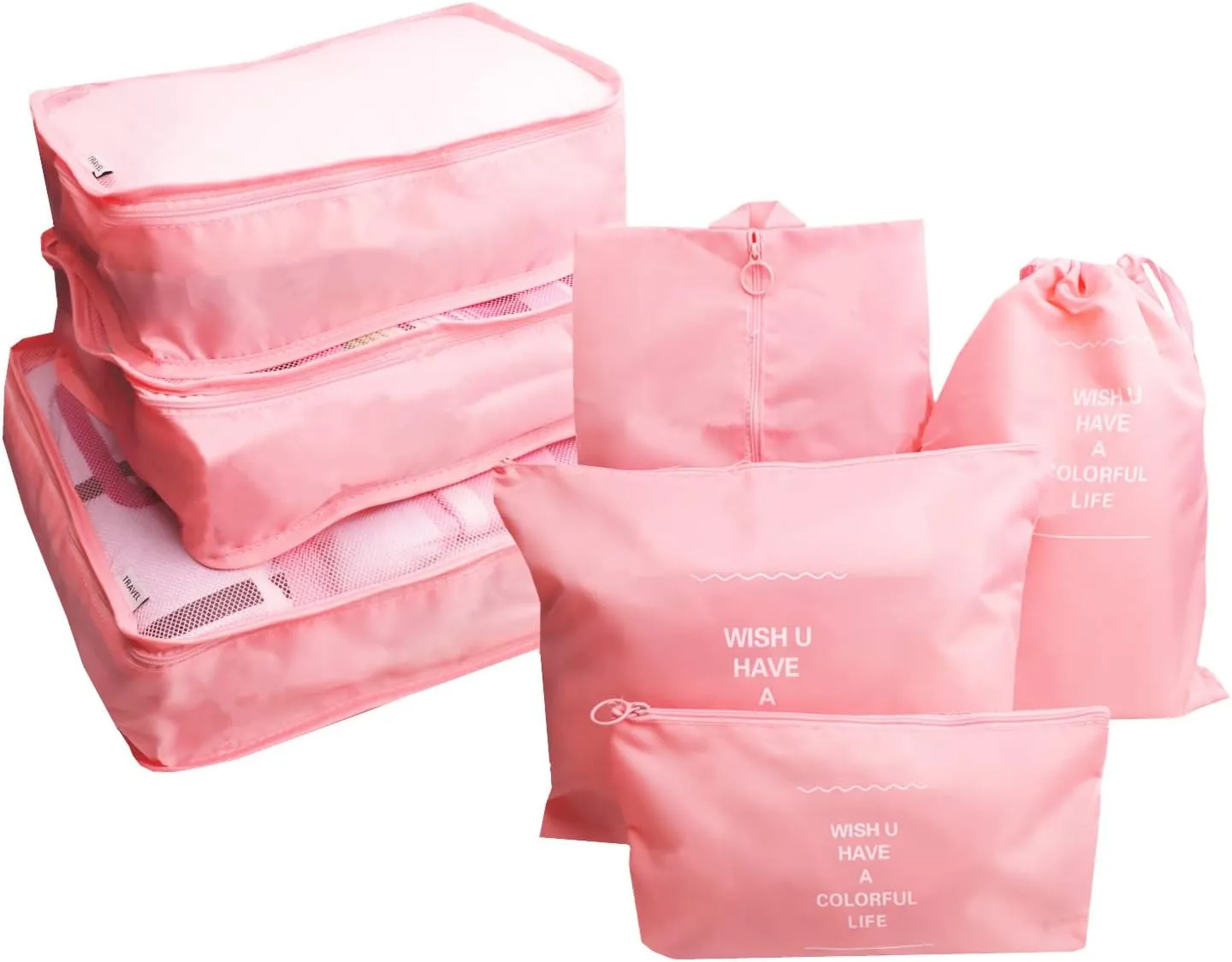 Travel Organizer Set, 7 Pcs Oxford Cloth Storage Bags with Zipper, Premium Quality Packing Cubes Compression Pouches, Laundry Bags, Shoe Bag for Luggage Suitcase Organizers (Pink)