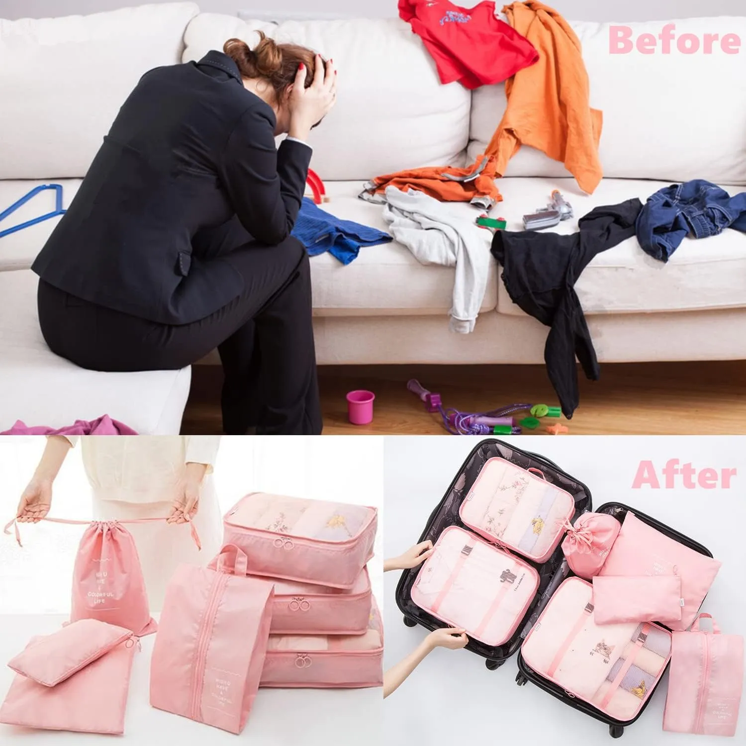 Travel Organizer Set, 7 Pcs Oxford Cloth Storage Bags with Zipper, Premium Quality Packing Cubes Compression Pouches, Laundry Bags, Shoe Bag for Luggage Suitcase Organizers (Pink)