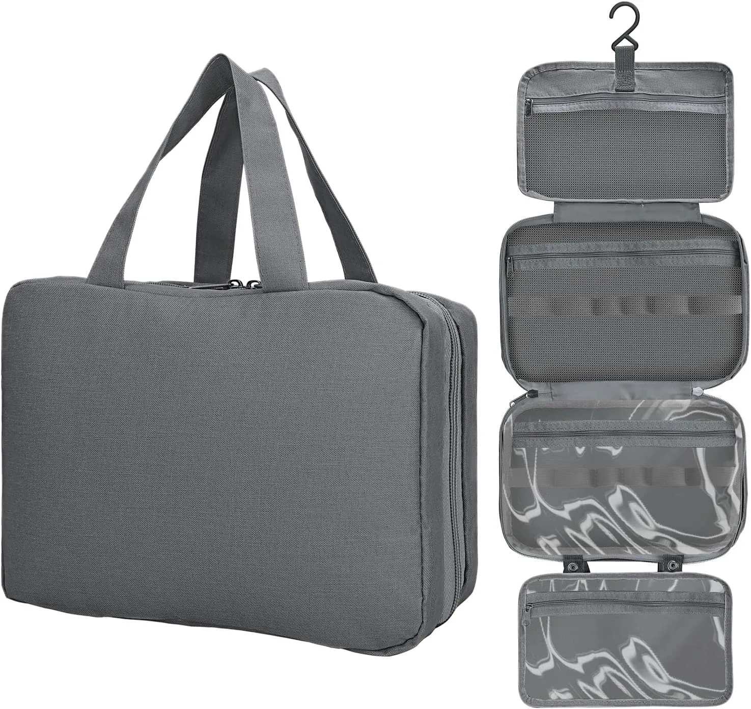 Travel Toiletry Bag, Portable Hanging Organizer for Full-Sized, Water-resistant Makeup Cosmetic Bag Travel Organizer for Accessories, Travel Essentials, Large Capacity (Grey)