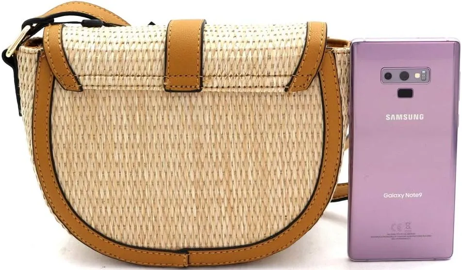 Trendeology Womens Classy Straw Rattan Vegan Leather Flap Saddle Satchel Flap Crossbody Purse Bag