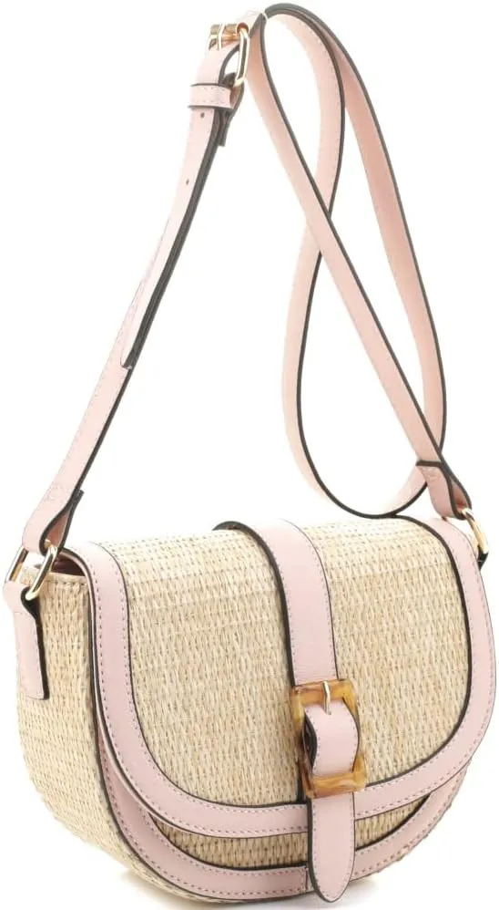 Trendeology Womens Classy Straw Rattan Vegan Leather Flap Saddle Satchel Flap Crossbody Purse Bag
