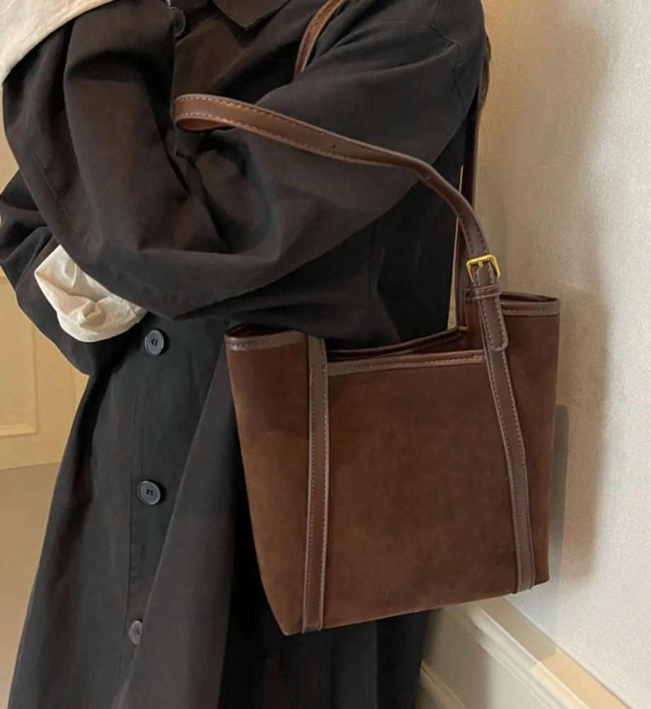 Trendy Suede Bag for Women Fall Winter Shoulder Bag Suede Bucket Tote Bag Top Handle Bag Work Commute Purse 2pcs