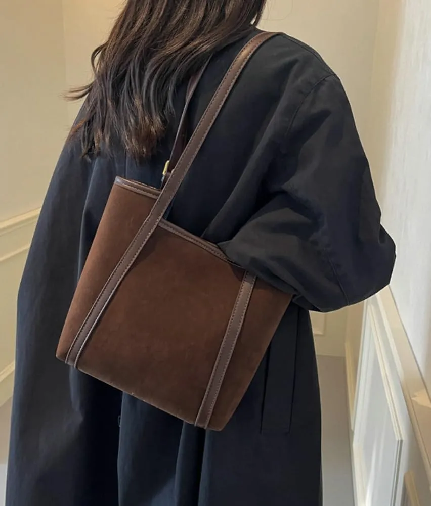 Trendy Suede Bag for Women Fall Winter Shoulder Bag Suede Bucket Tote Bag Top Handle Bag Work Commute Purse 2pcs