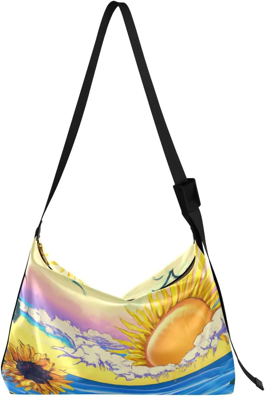 Tropical Seaside Sunflower Hobo Crossbody Bags for Women Leather Large Shoulder Bag Cross Body Trendy Womens Tote Bags Handbag for Travel Shopping