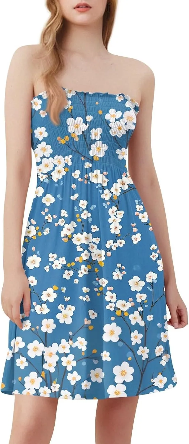 Tube Dresses for Women Strapless Summer Sexy Off Shoulder Flower Print Sleeveless Mini Sundress Beach Cover Up