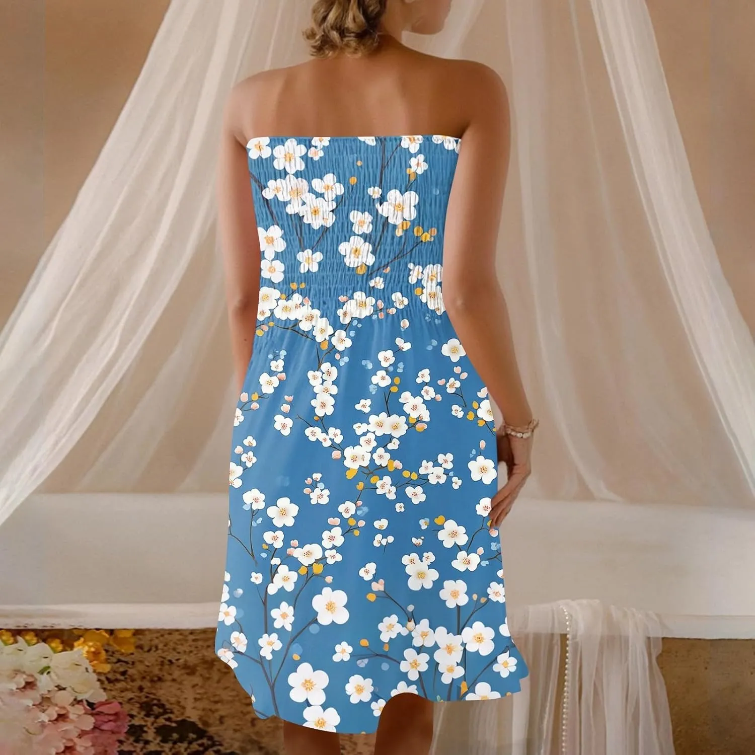 Tube Dresses for Women Strapless Summer Sexy Off Shoulder Flower Print Sleeveless Mini Sundress Beach Cover Up