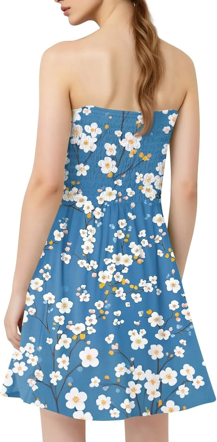 Tube Dresses for Women Strapless Summer Sexy Off Shoulder Flower Print Sleeveless Mini Sundress Beach Cover Up