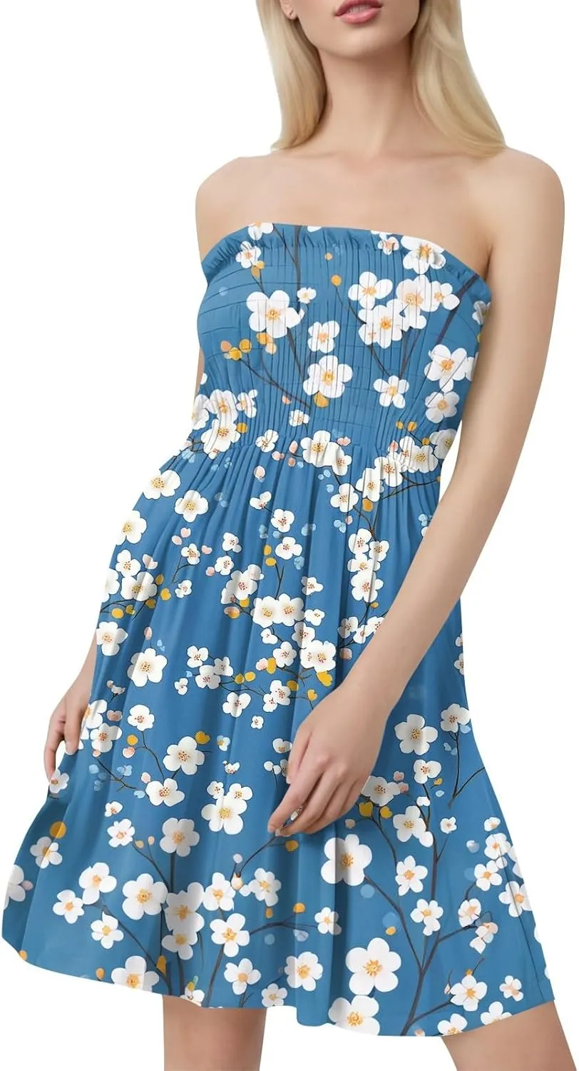 Tube Dresses for Women Strapless Summer Sexy Off Shoulder Flower Print Sleeveless Mini Sundress Beach Cover Up