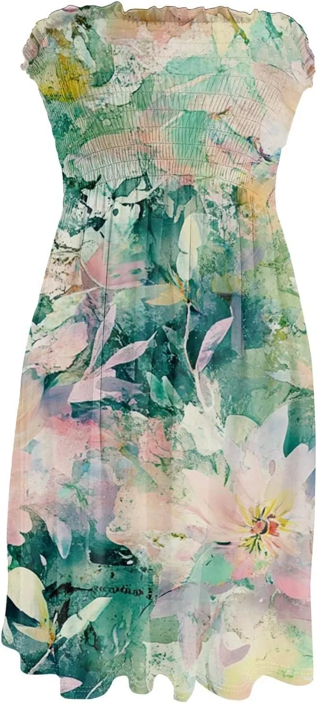 Tube Dresses for Women Summer Strapless Floral Print Ruffled Off The Shoulder Dresses Flowy Beach Swimsuit Cover Ups