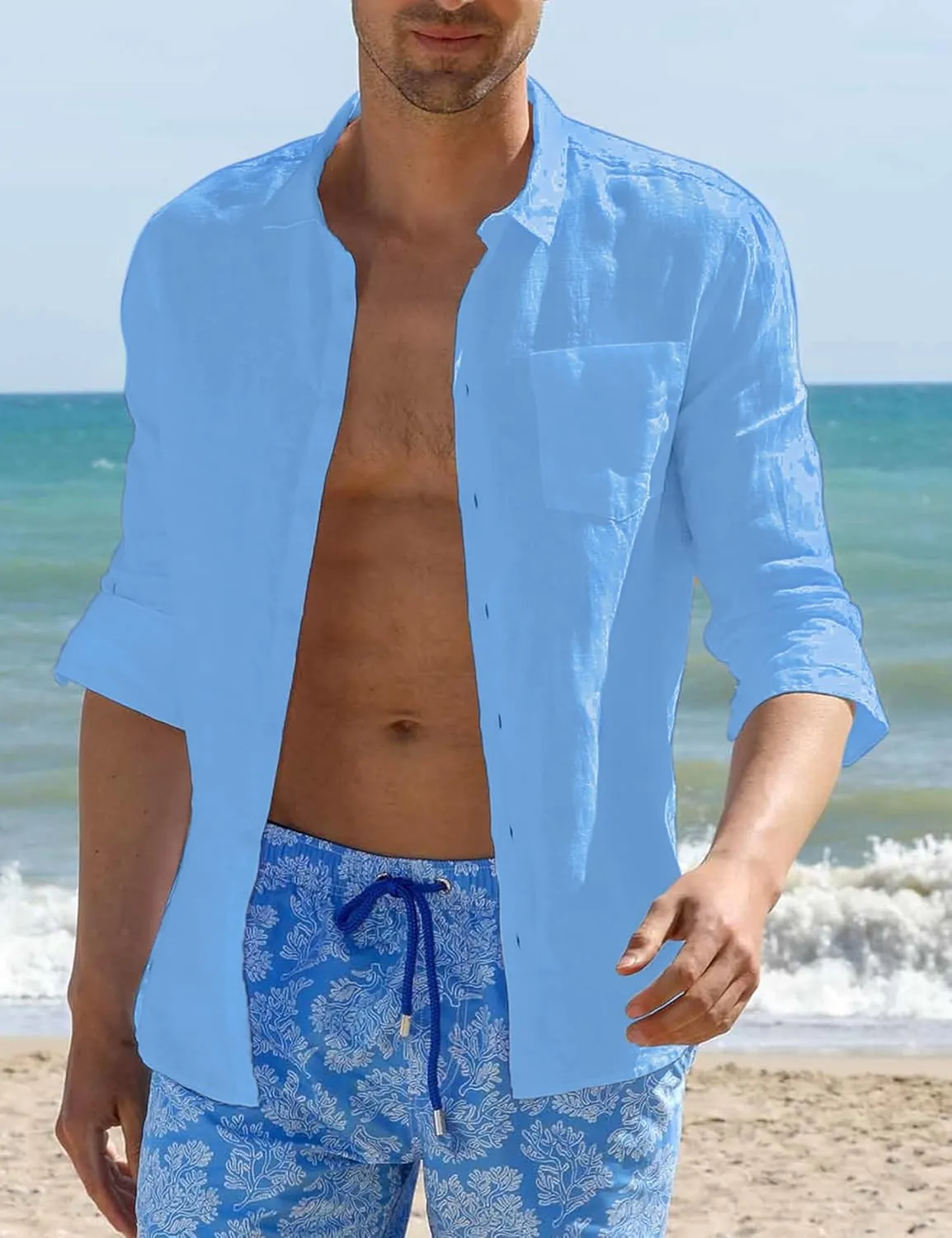 TURETRENDY Mens Button Down Linen Shirts Casual Long Sleeve Dress Shirts Regular Fit Cotton Beach Yoga Shirts with Pocket