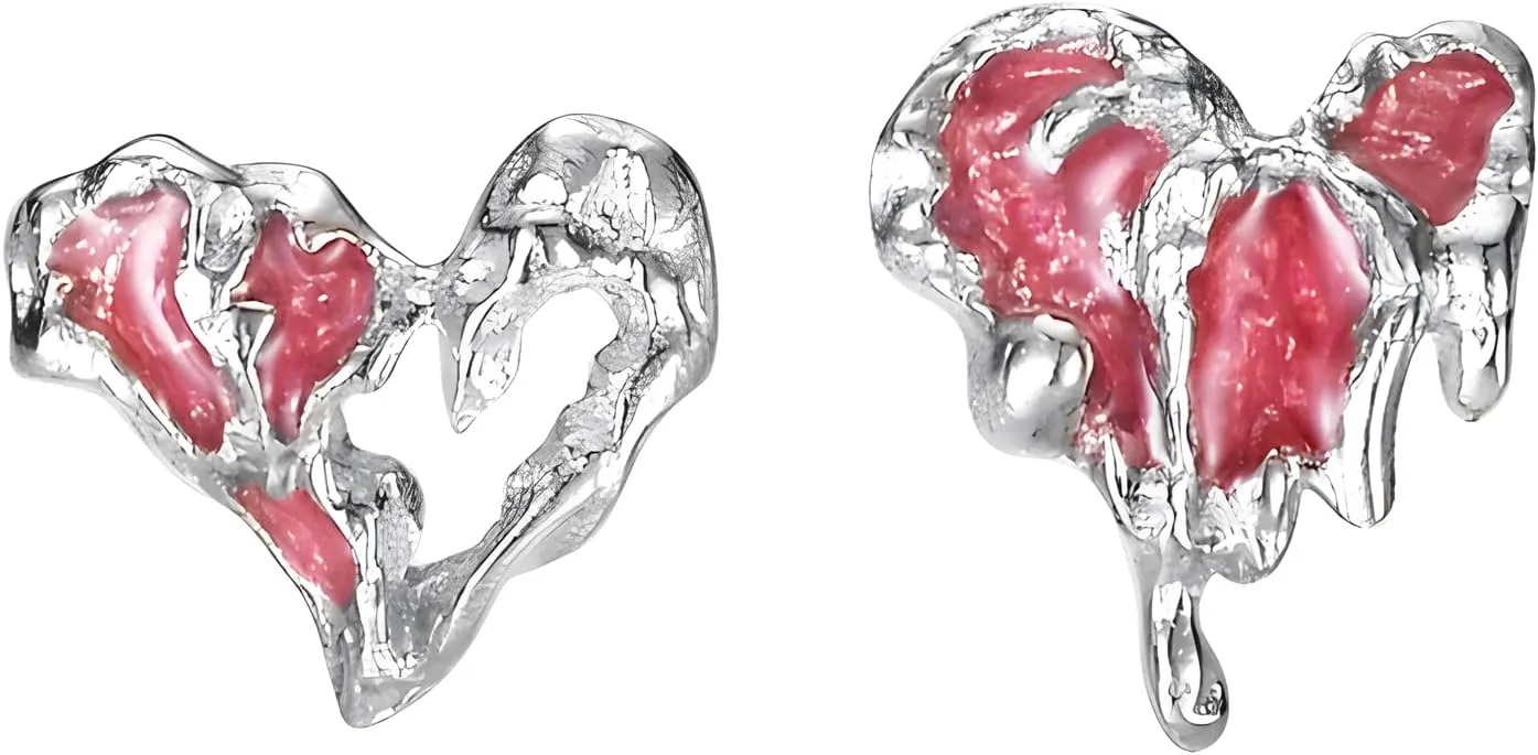 Unique Melting Pink Heart Stud Earrings 925 Sterling Silver Hypoallergenic Small Studs Asymmetrical Statement Earrings for Women TeenGirls